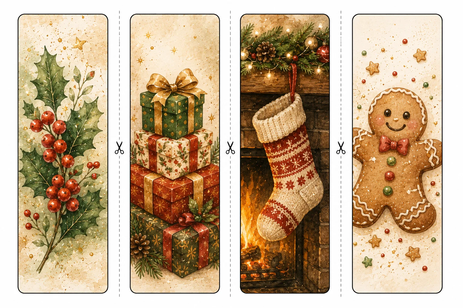 Printable Christmas bookmarks sheet 2, holly, gifts, and gingerbread