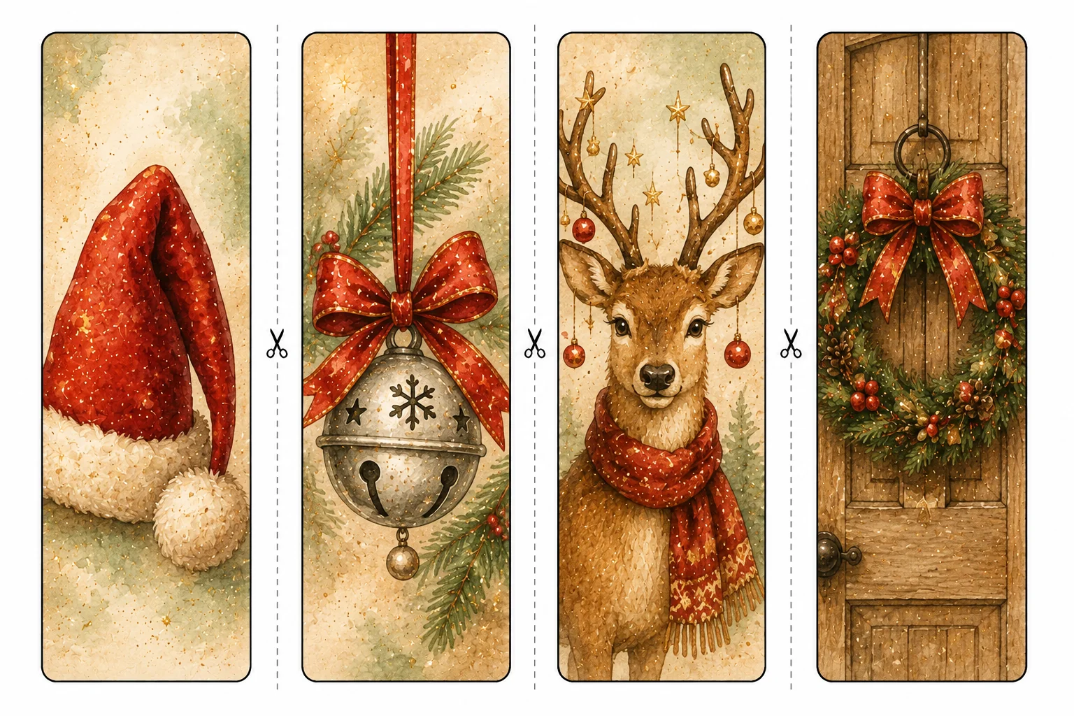 Printable Christmas bookmarks sheet 3, santa hat and door wreath