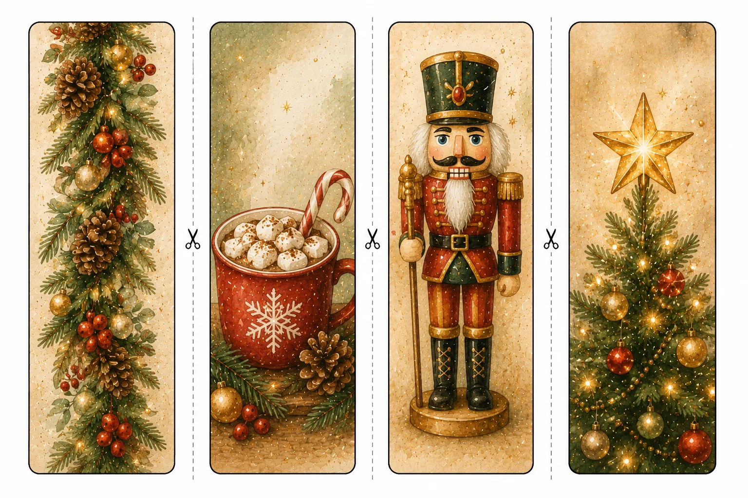 Printable Christmas bookmarks sheet 4, hot cocoa and nutcracker