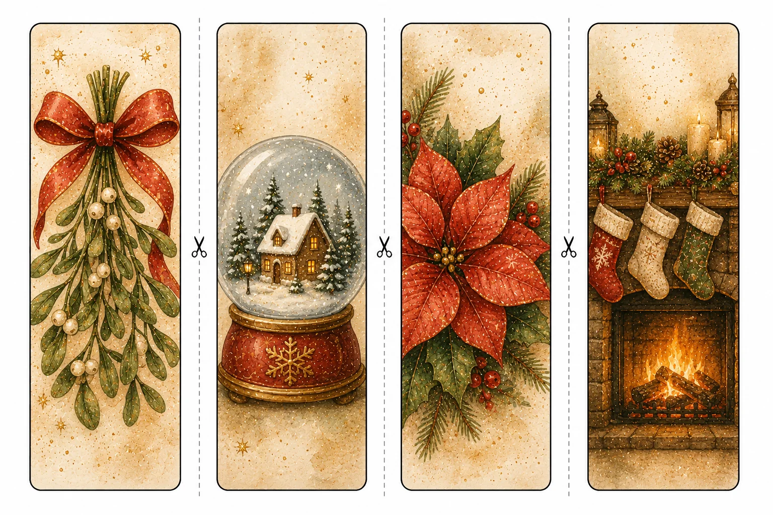 Printable Christmas bookmarks sheet 5, mistletoe and snow globe