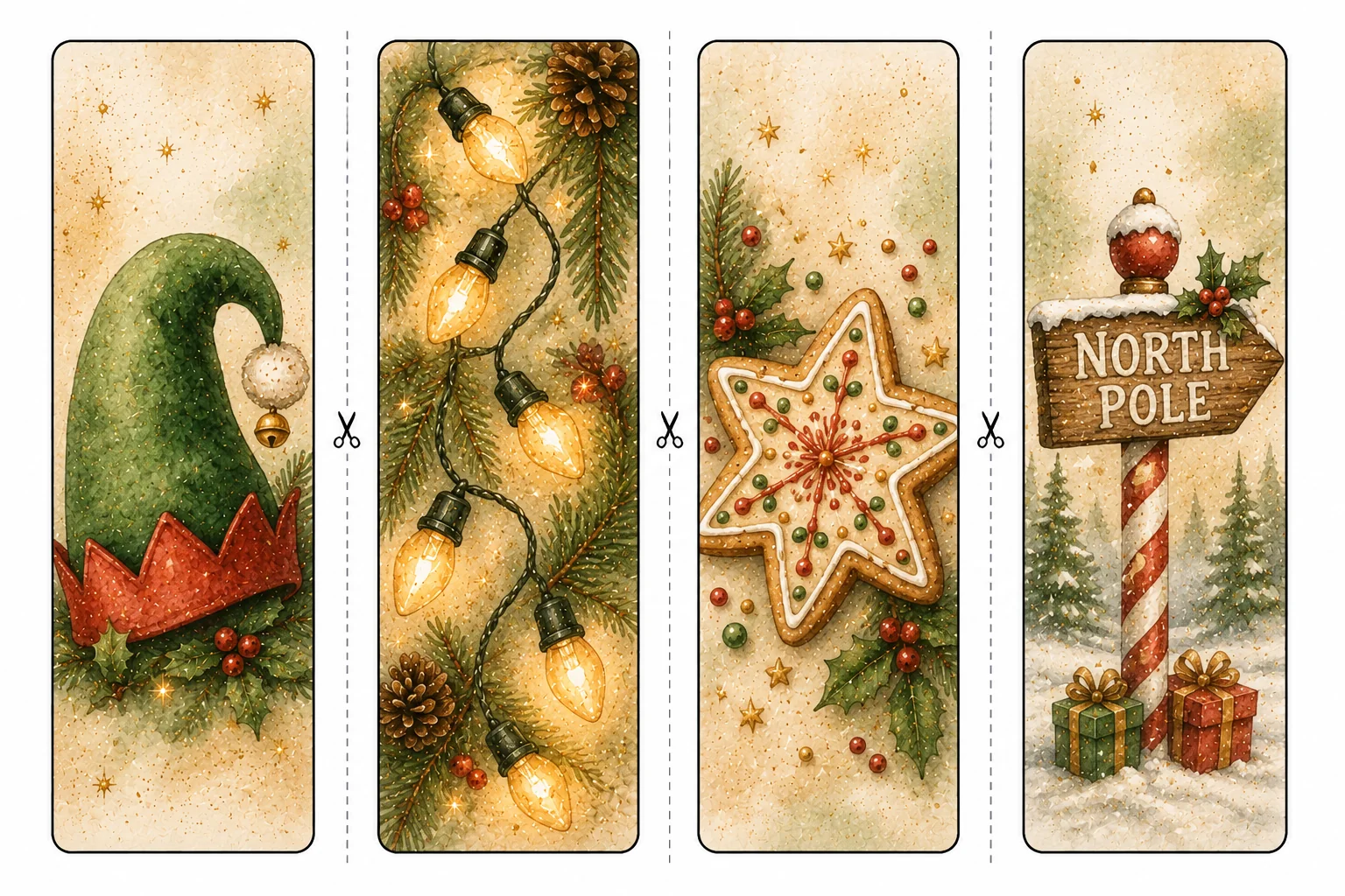 Printable Christmas bookmarks sheet 6, elf hat and north pole sign