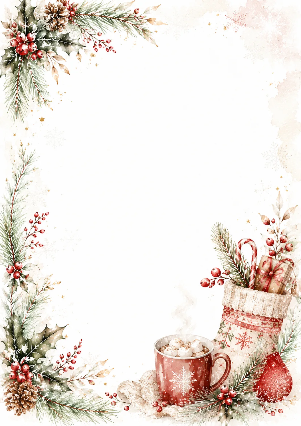 Cozy holiday frame with hot cocoa, Christmas stocking, candy cane, mittens, pinecones, and holly