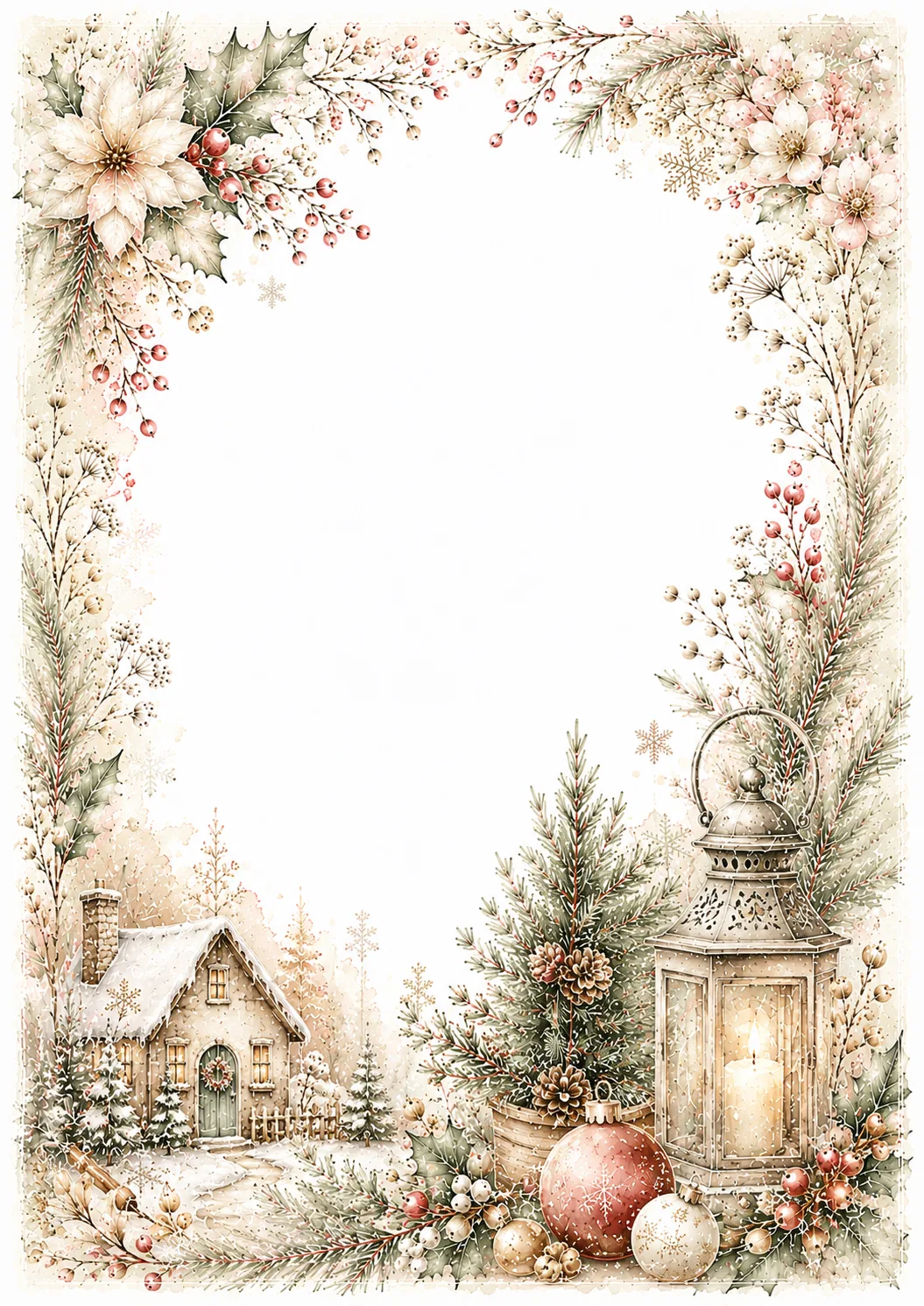 Winter holiday border featuring a snowy cottage, evergreen trees, lantern, and ornaments