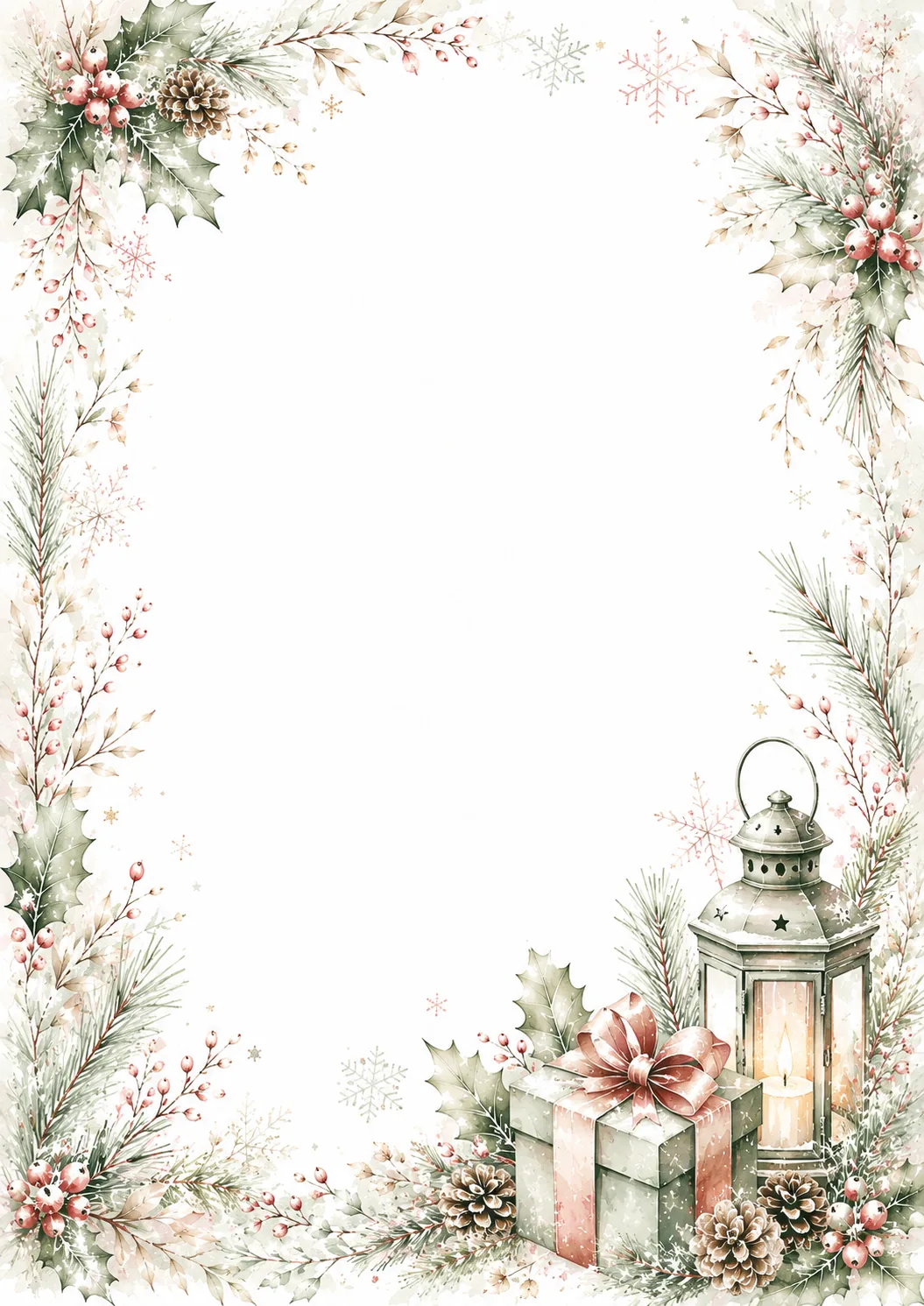 Soft holiday border with glowing lantern, wrapped gift, blush bow, pinecones, berries, holly, and pine
