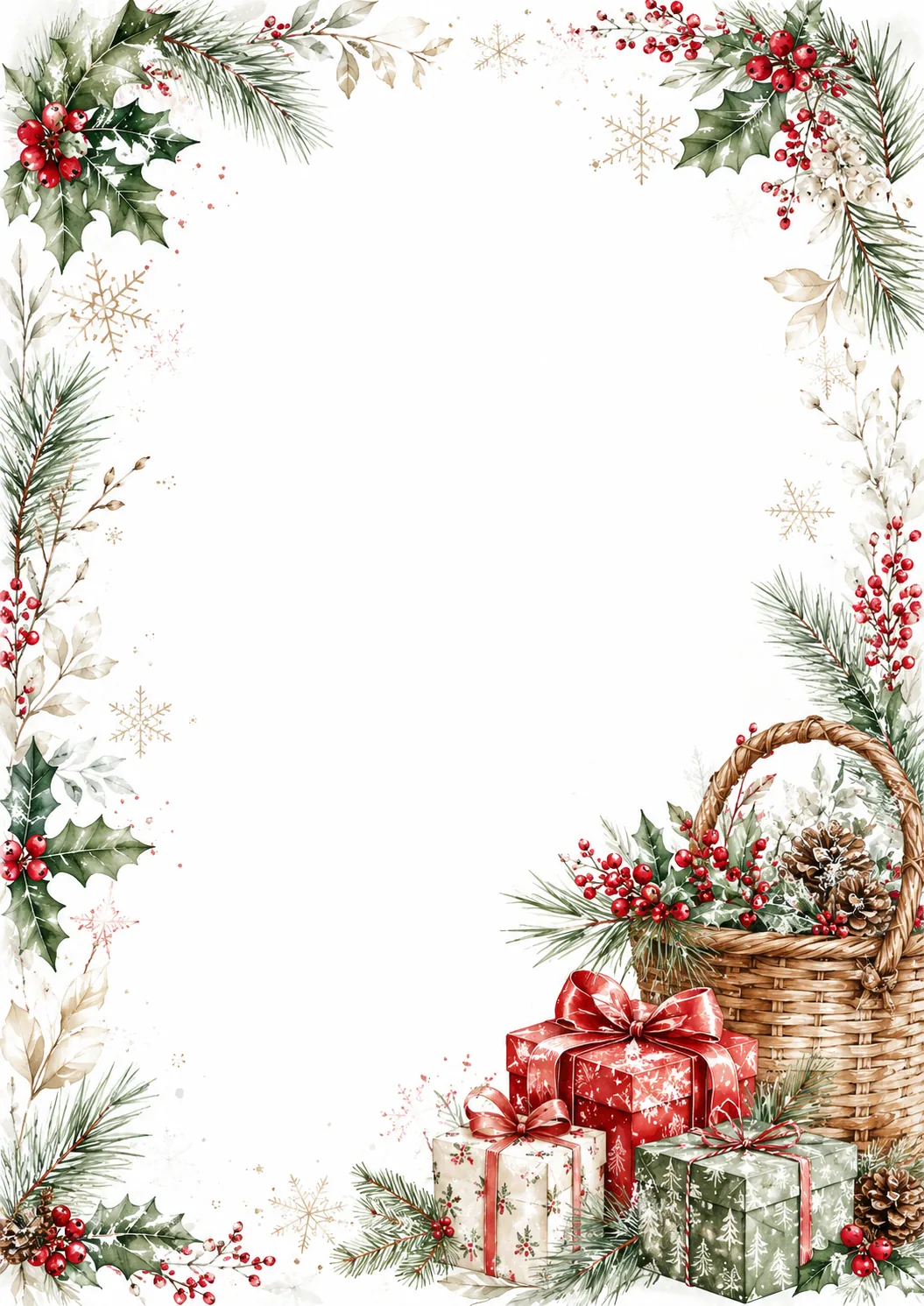 Traditional Christmas frame with wrapped gifts, woven basket, red berries, holly, pinecones, and pine