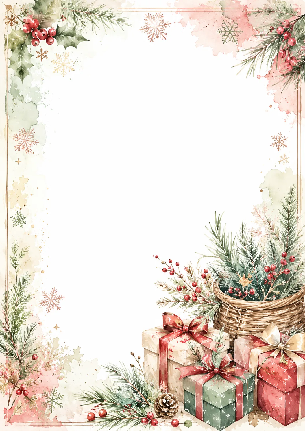 Holiday writing border with wrapped gifts, pine greenery, berries, and soft pink accents
