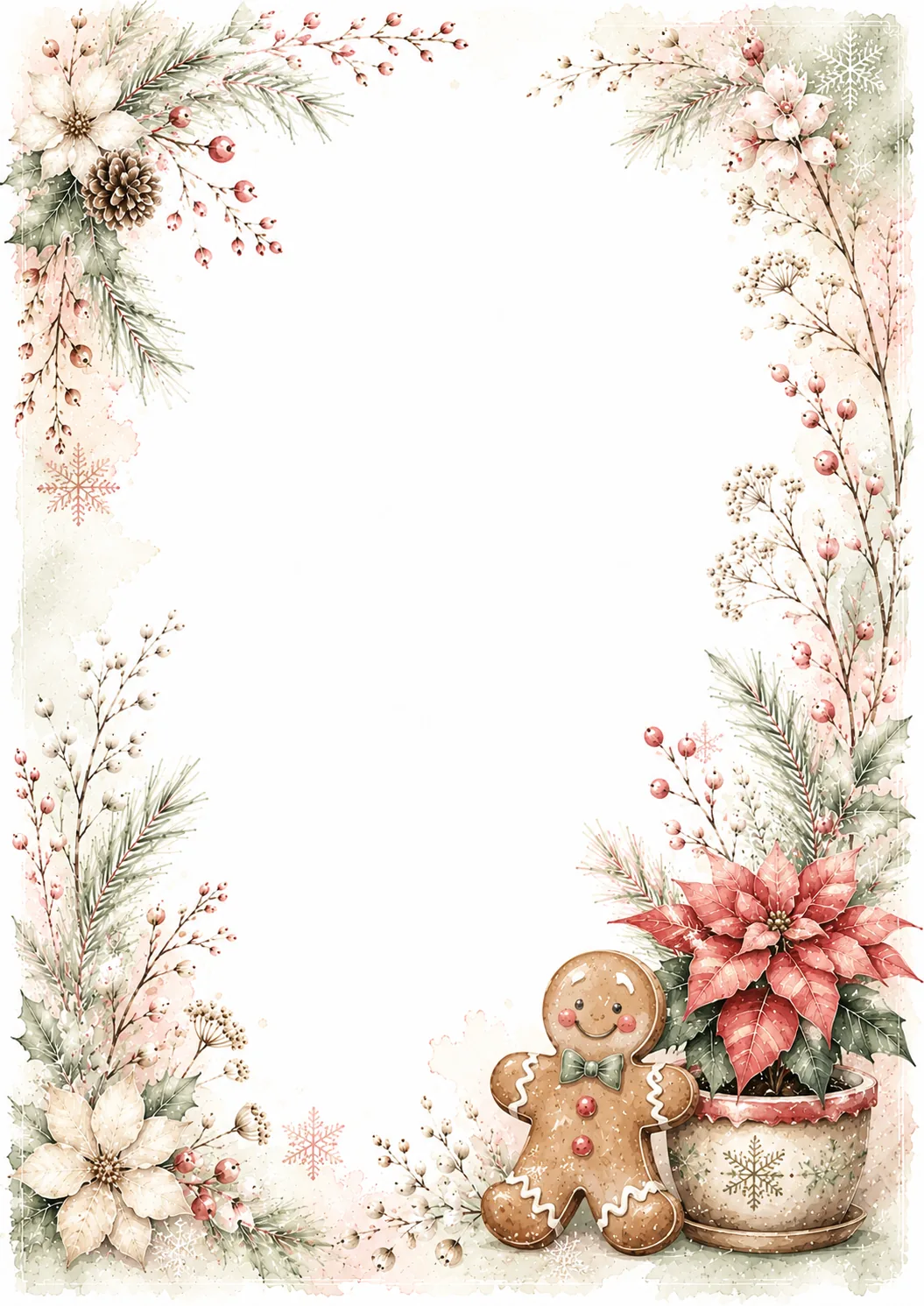 Holiday border with a gingerbread figure, poinsettia, pine branches, and winter berries
