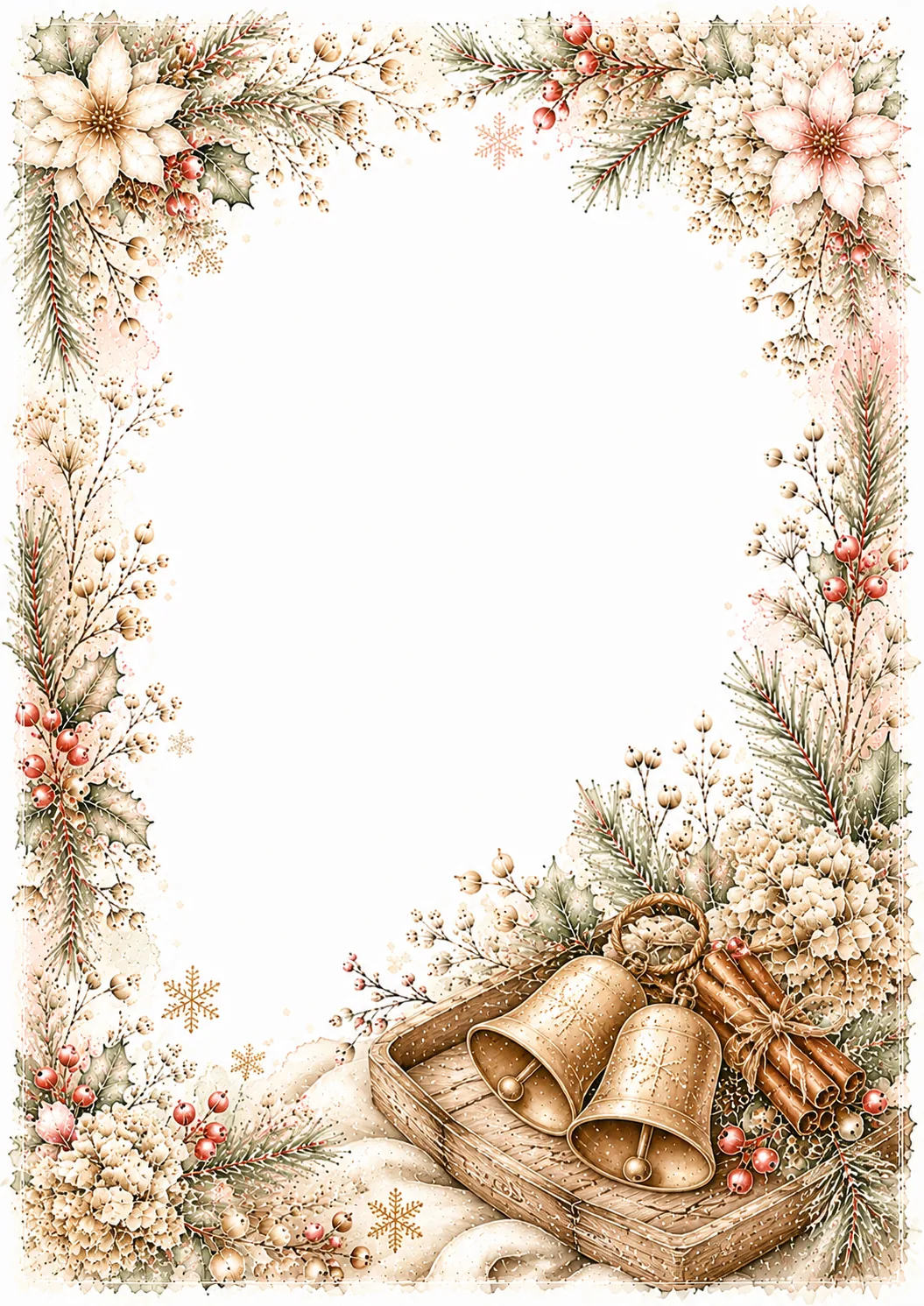 Christmas border featuring golden bells, pine greenery, berries, and soft snowy floral accents