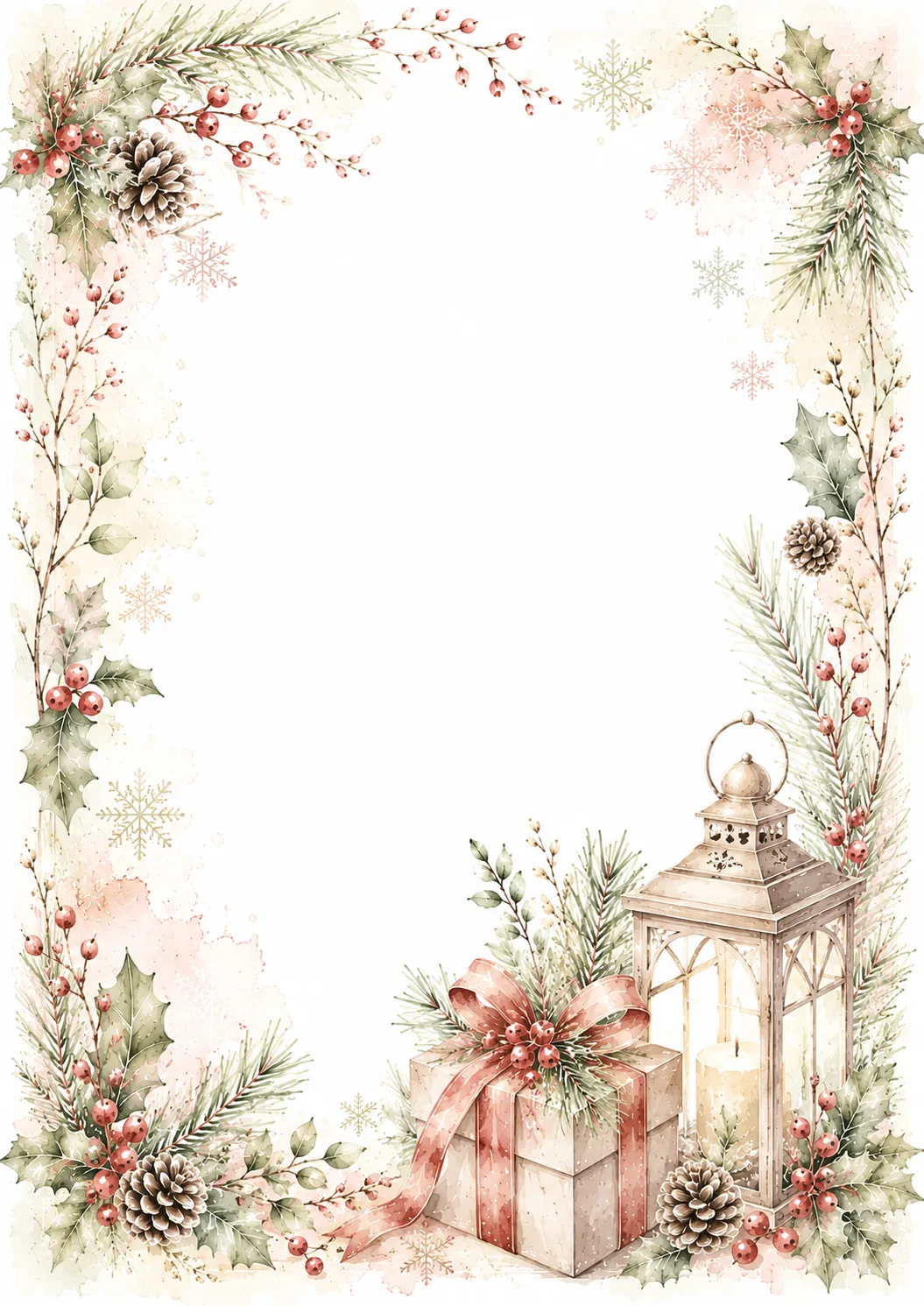 Christmas writing border with a lantern, wrapped gifts, pine greenery, and winter berries