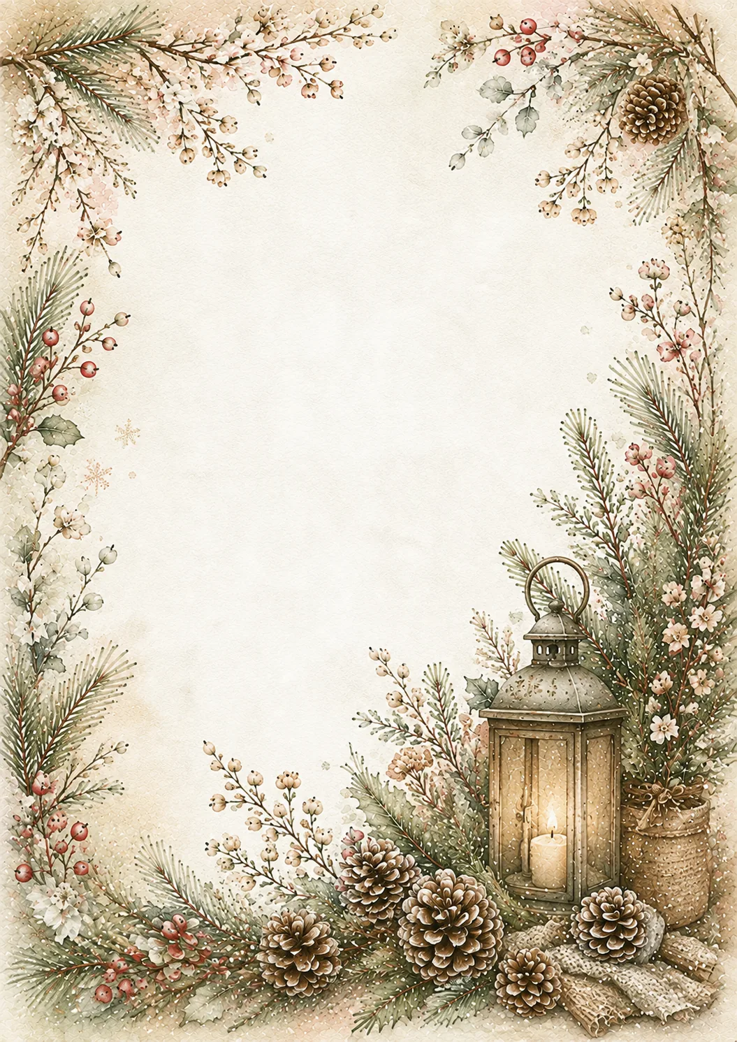Christmas washed border pages with pine branches, berries, ornaments, and a lantern