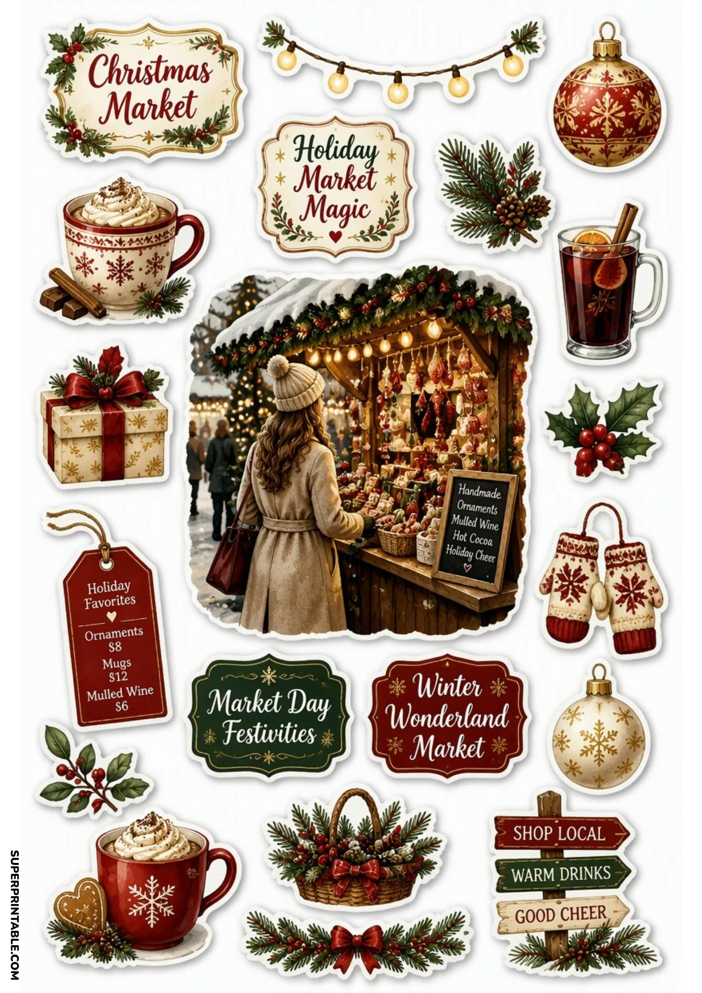 Christmas market stickers depicting a woman browsing a snowy holiday market stall at night.
