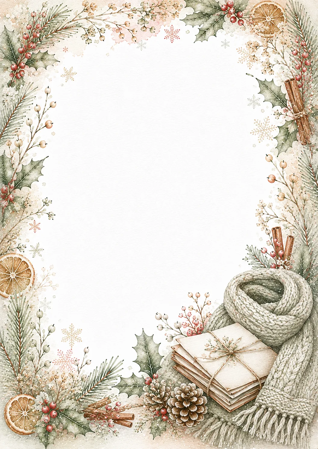 Cozy Christmas border with knitted mittens, pine greenery, berries, and winter details