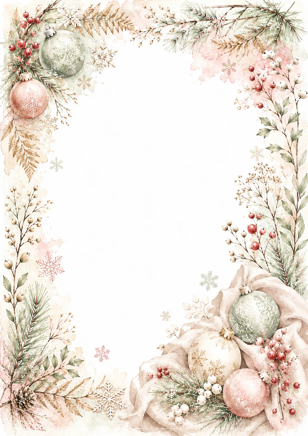 Christmas washed border pages with ornaments, pine greenery, berries, and festive branches