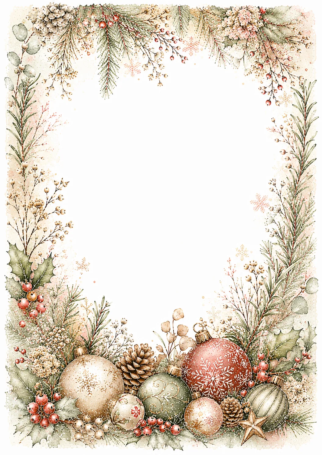Holiday stationery border with colorful ornaments, pinecones, berries, and evergreen branches