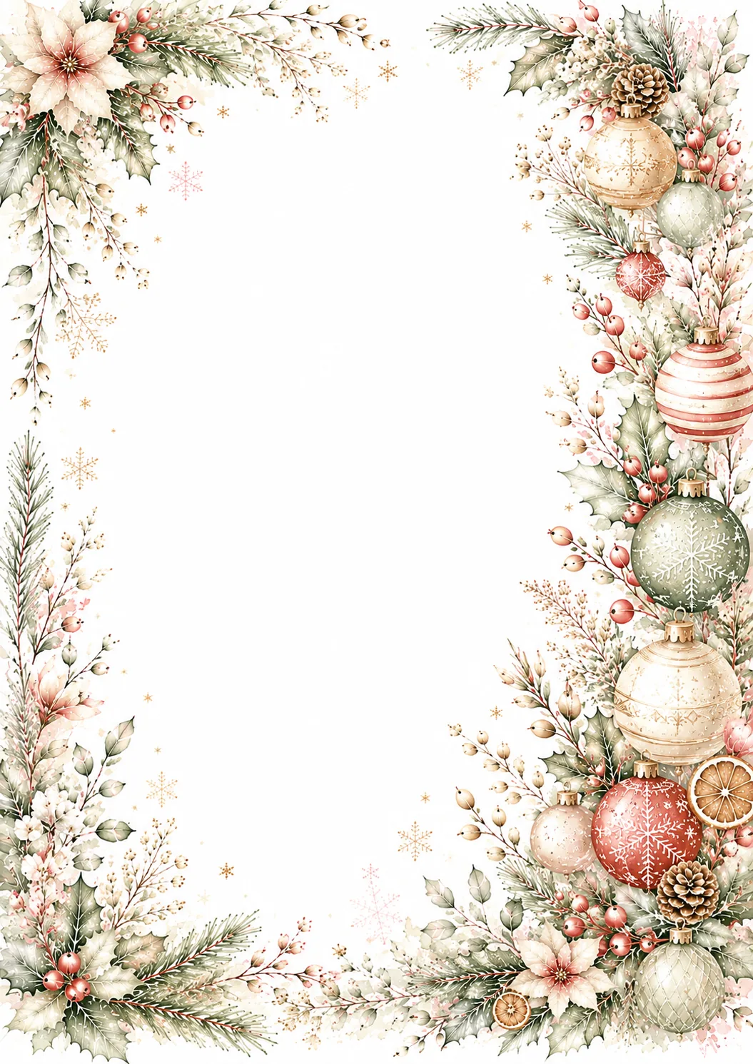 Elegant holiday border with red, cream and sage ornaments, holly, berries, pinecones, and greenery