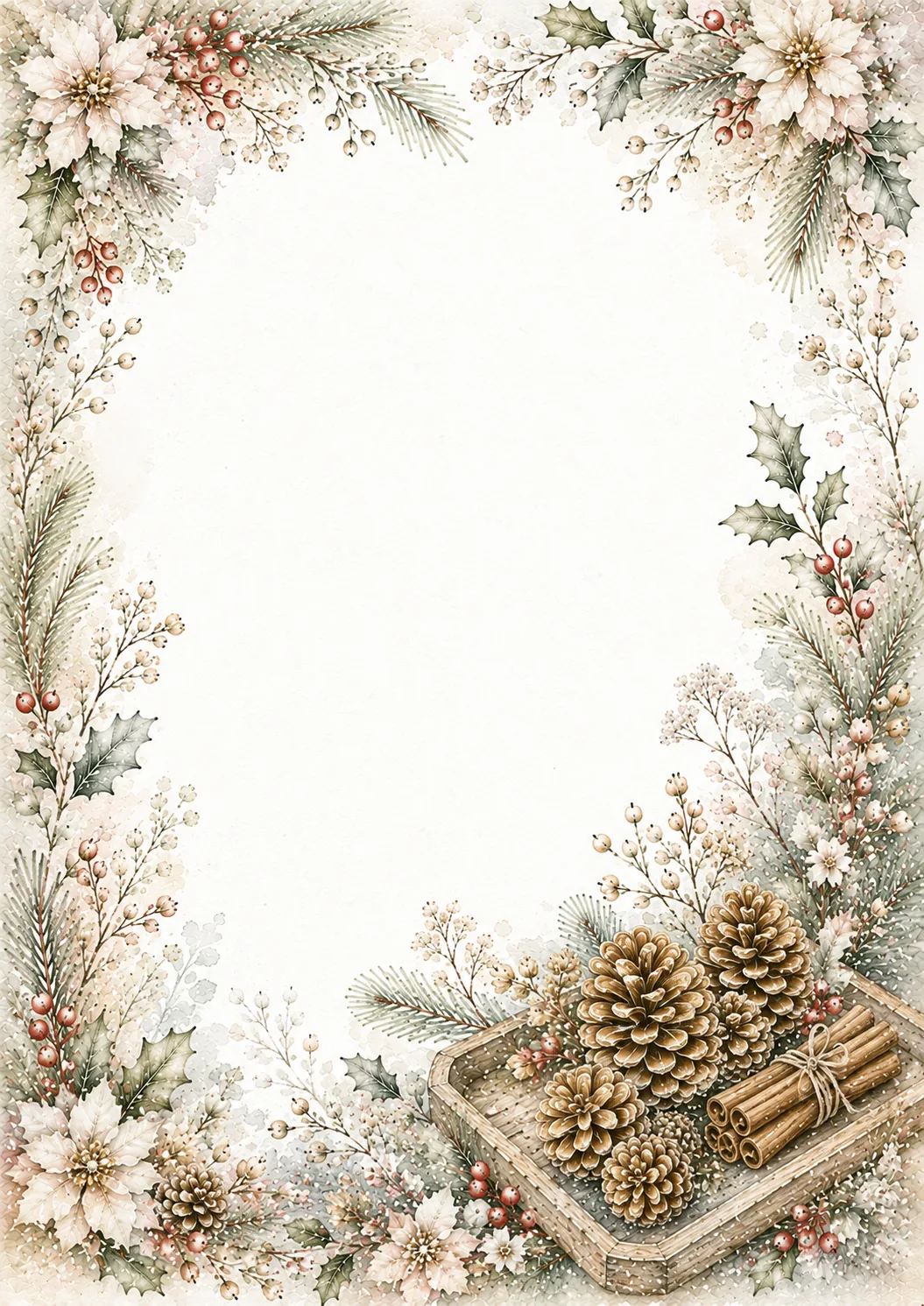Winter writing border decorated with pine branches, poinsettias, and golden pinecones