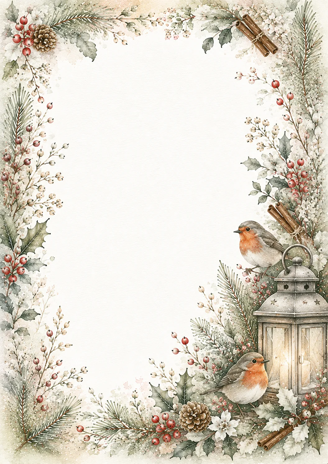 Christmas stationery border with pinecones, berries, greenery, and two red-breasted birds