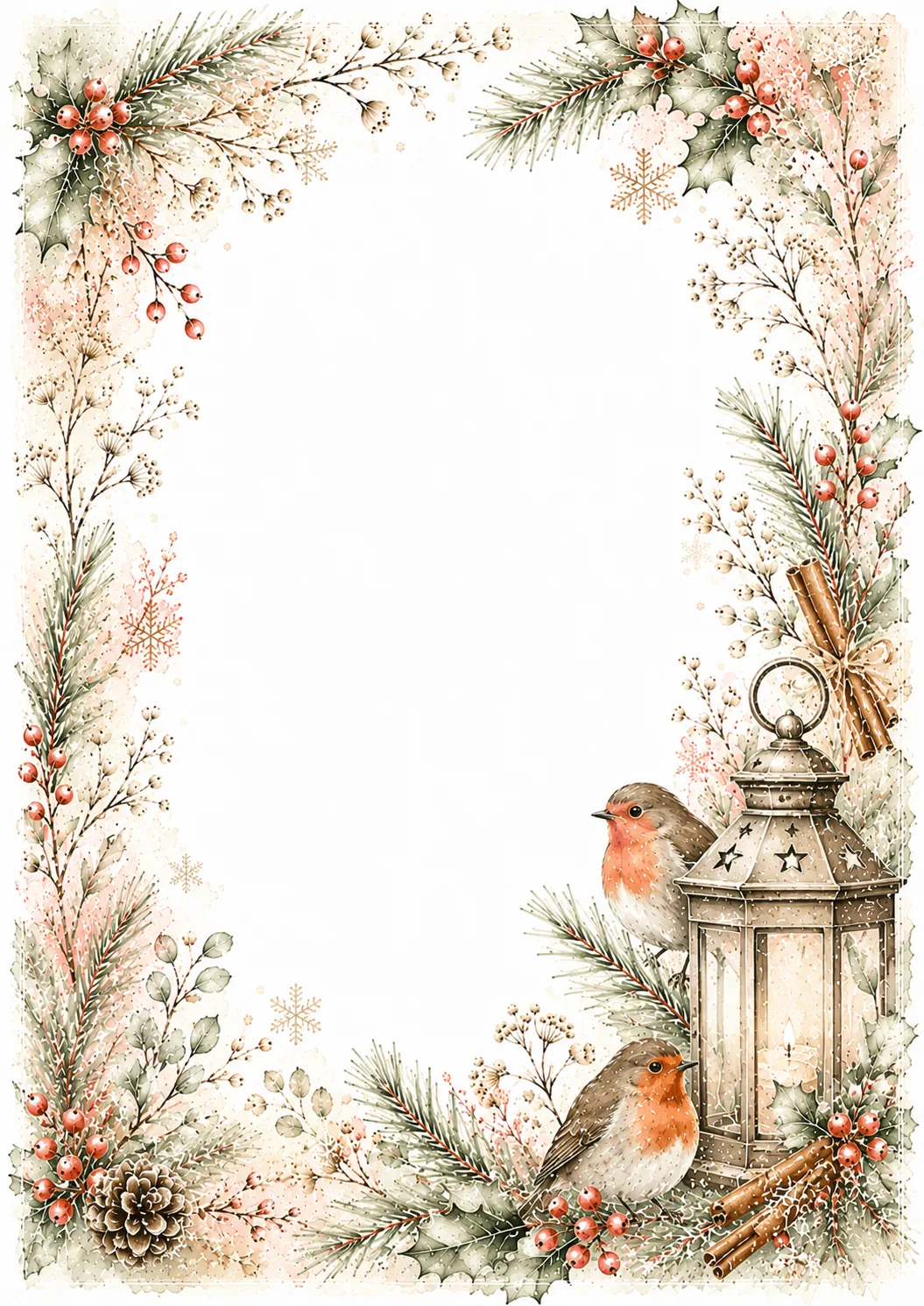 Festive Christmas border with robins, a glowing lantern, pine greenery, and cinnamon sticks
