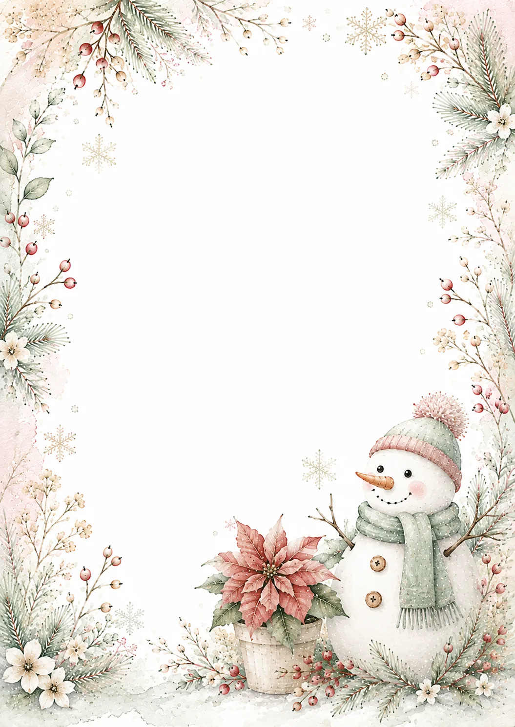 Christmas stationery border with a cheerful snowman, poinsettia, pine branches, and berries