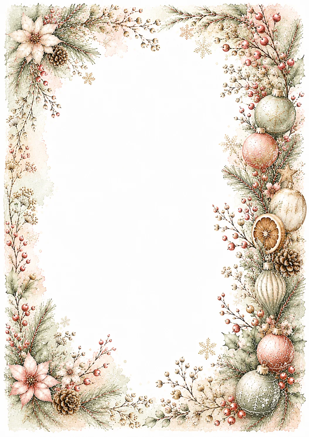 Christmas border decorated with stacked ornaments, pine branches, holly, and winter berries