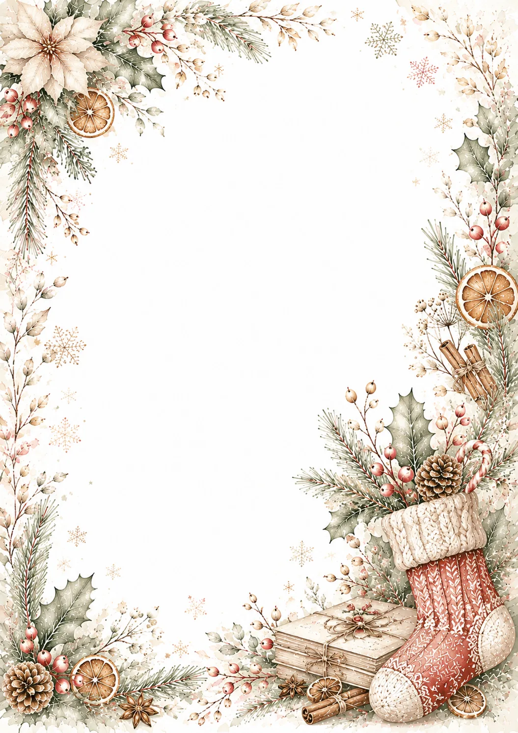 Cozy Christmas border with red stocking, dried oranges, cinnamon sticks, pinecones, holly, and berries