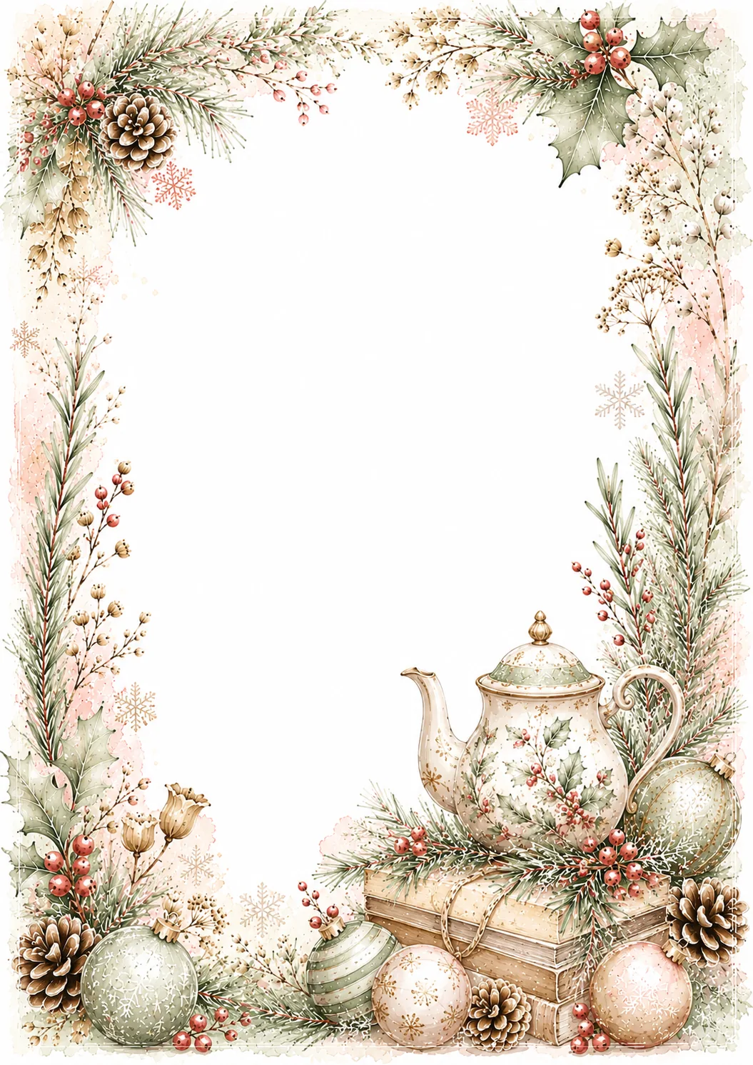 Christmas stationery border featuring a teapot, books, ornaments, pinecones, and greenery