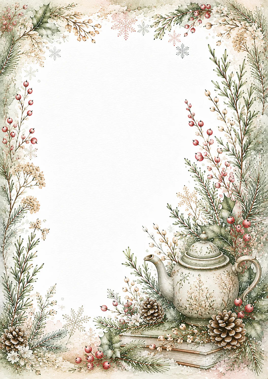 Holiday border featuring a teapot, cups, pine branches, berries, and snowy floral accents