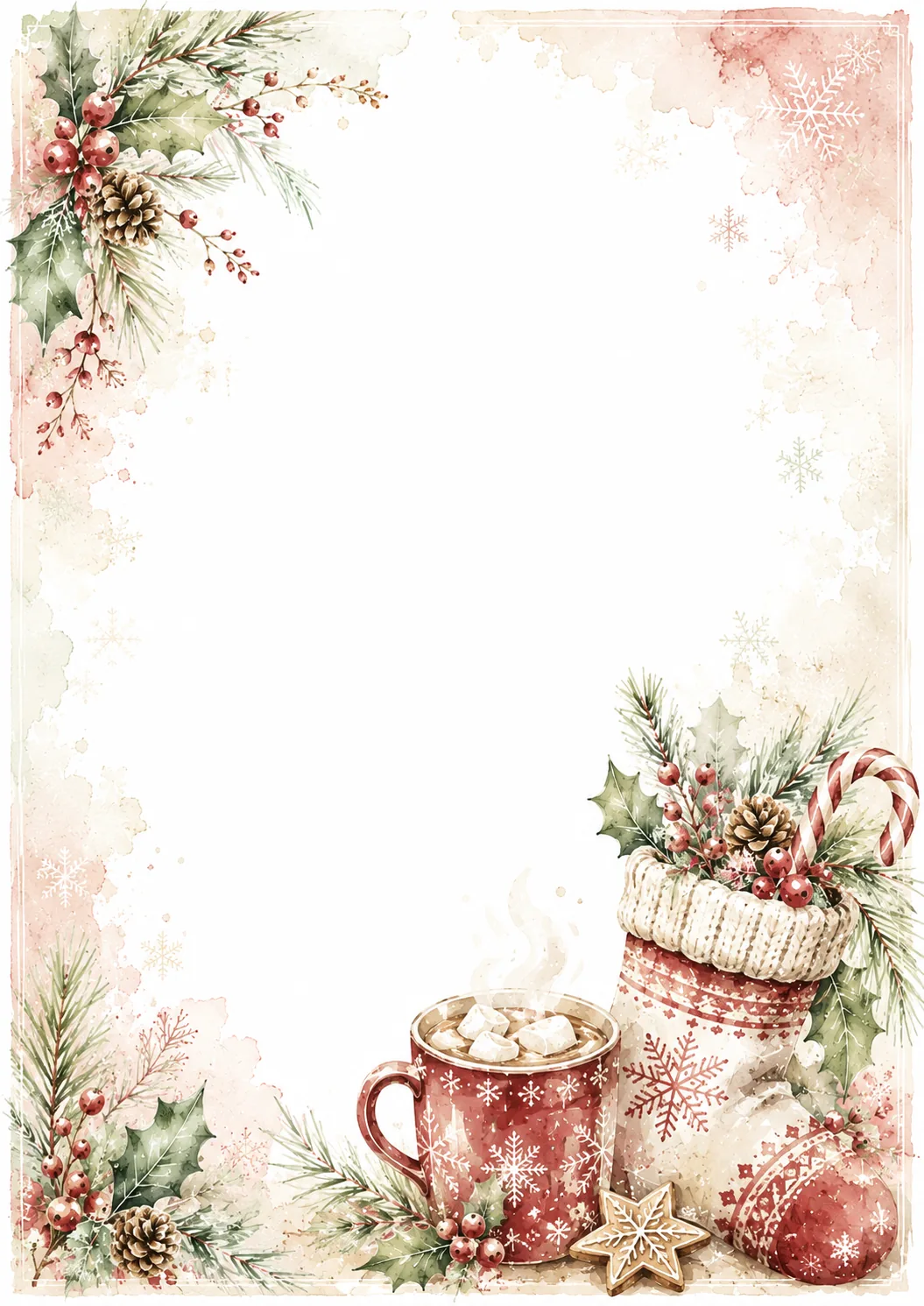 Cozy Christmas border with a red teapot, mugs, evergreen branches, and festive berries