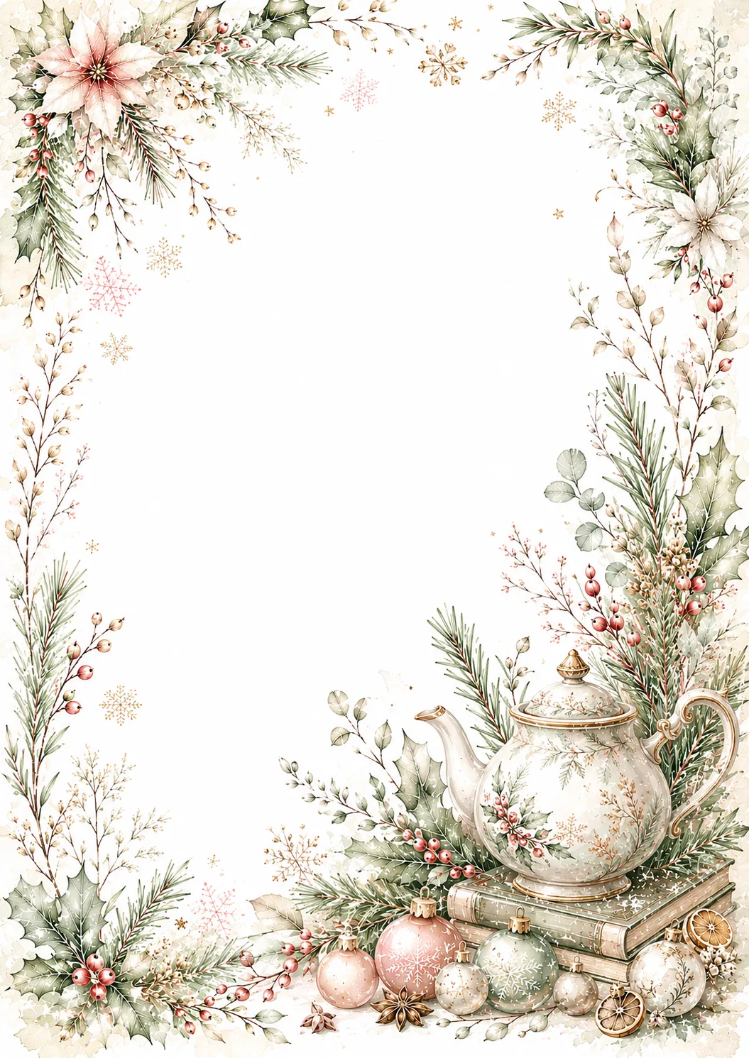 Elegant holiday frame with decorative teapot, books, pastel ornaments, holly, poinsettias, and pine