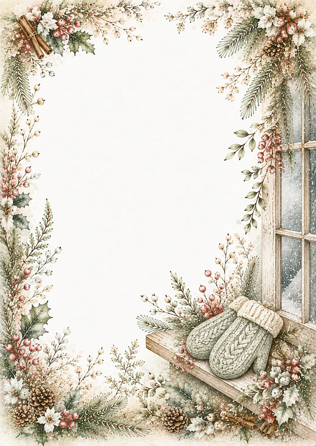 Christmas border with a snowy window, knitted mittens, pine branches, and winter berries