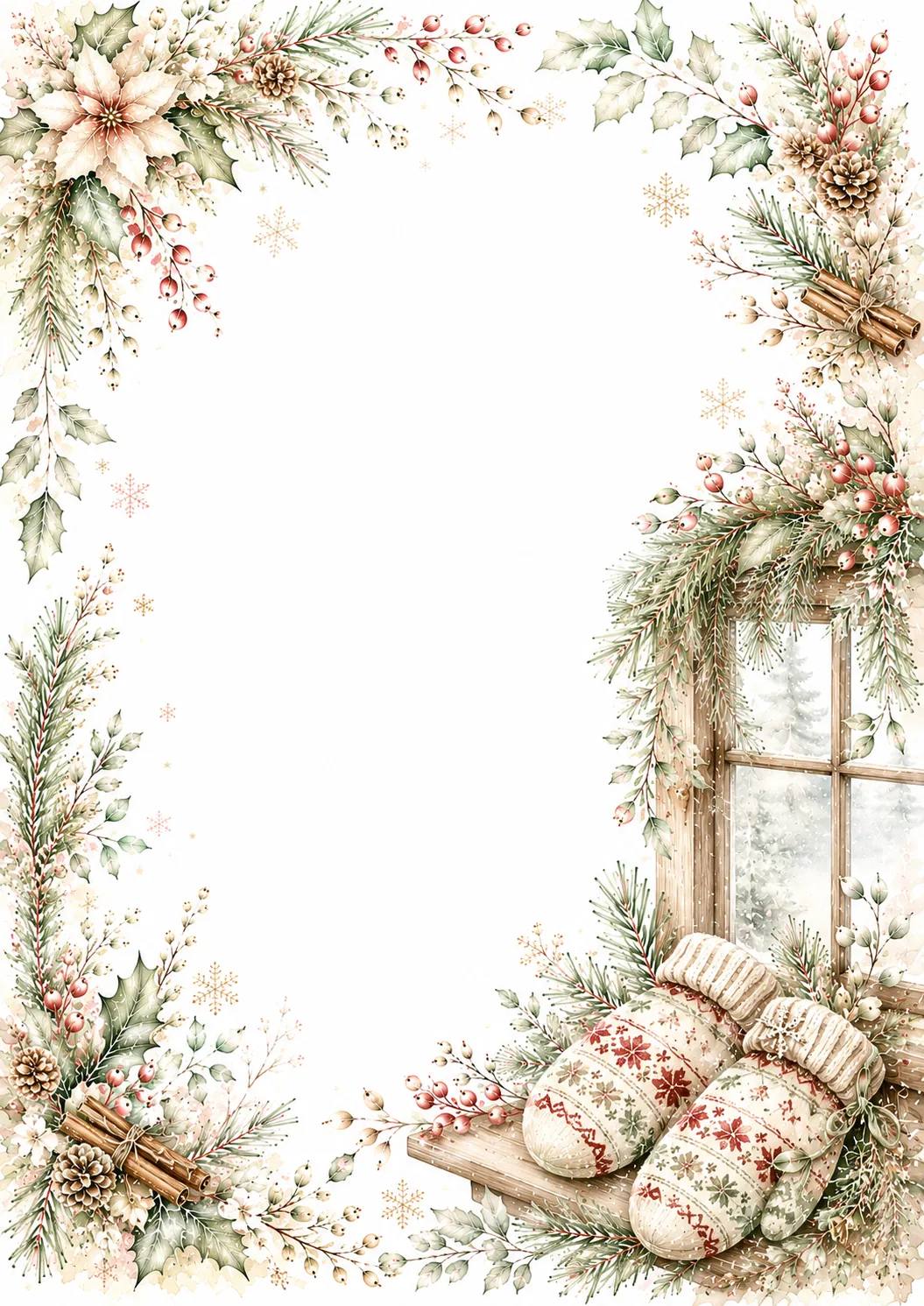 Winter watercolor frame with wooden window, patterned mittens, poinsettias, pinecones, and greenery