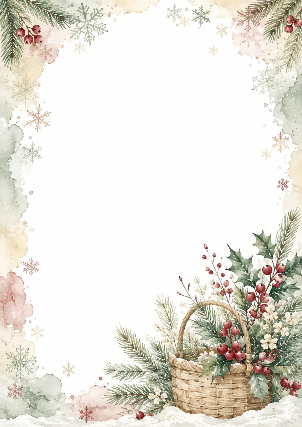 Soft Christmas border with frosty greenery, berries, pinecones, and a woven basket