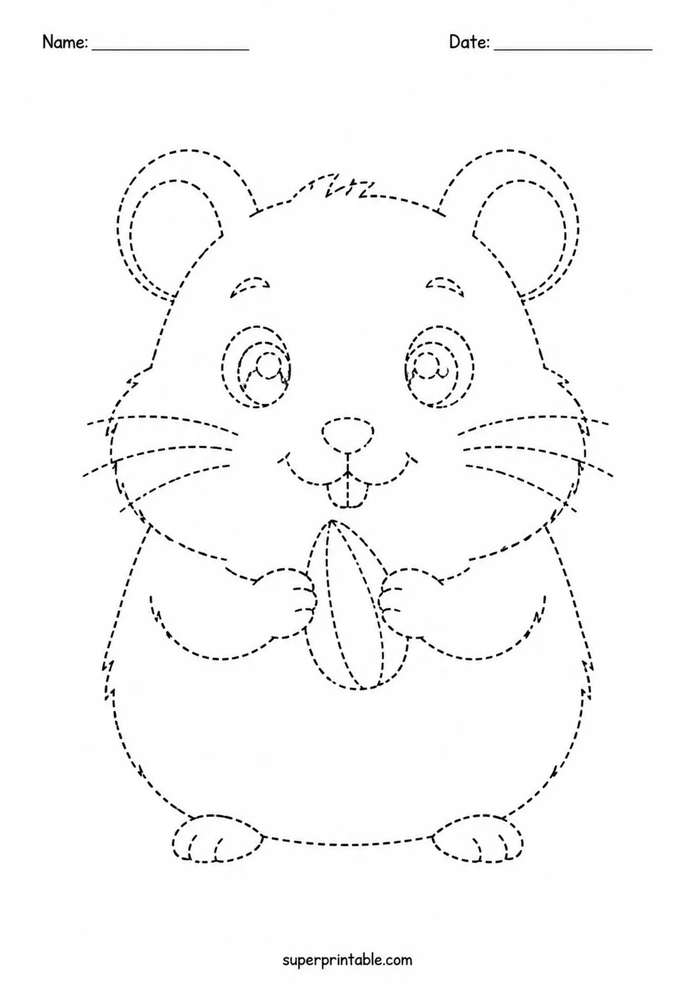 Chubby hamster eating a seed dashed line outline tracing worksheet for kids.