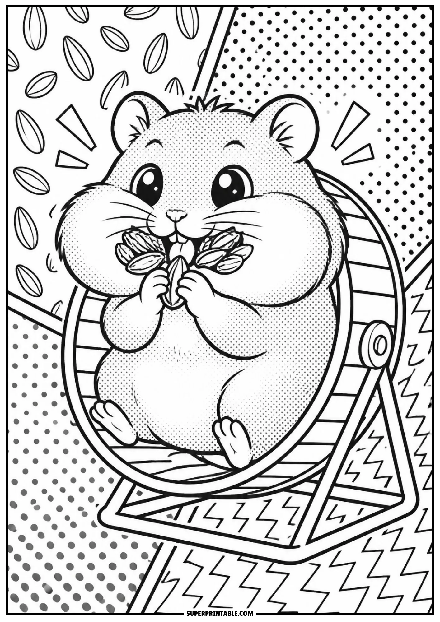 Cute chubby hamster munching seeds inside an exercise wheel with pop art halftone backgrounds.