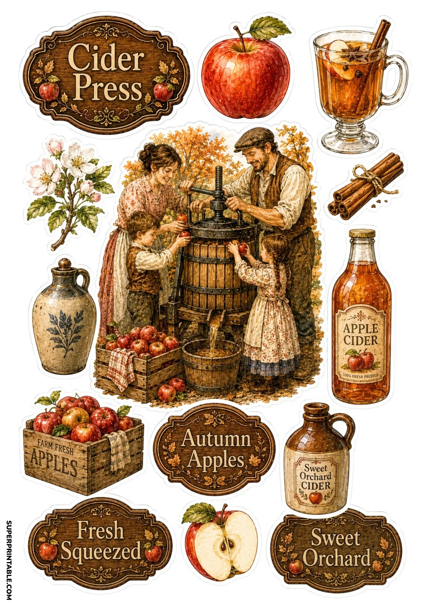 Autumn cider pressing sticker collection featuring a family making fresh apple cider, crates, and spices.