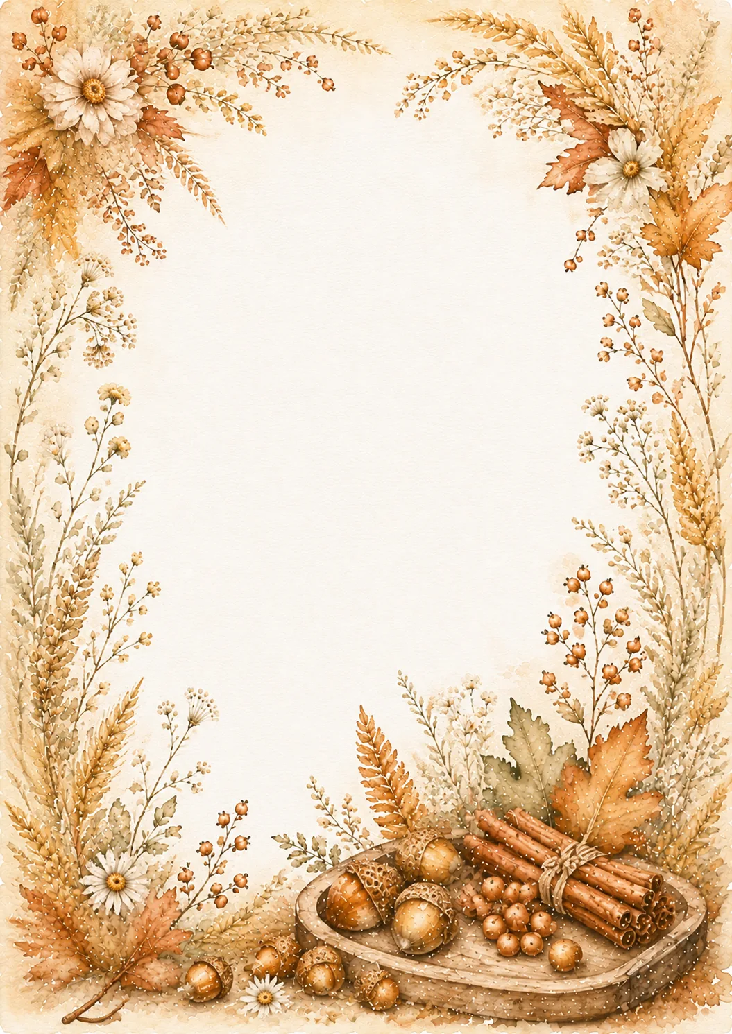 Rustic autumn border with cinnamon sticks, acorns, wheat, white flowers, berries, and maple leaves