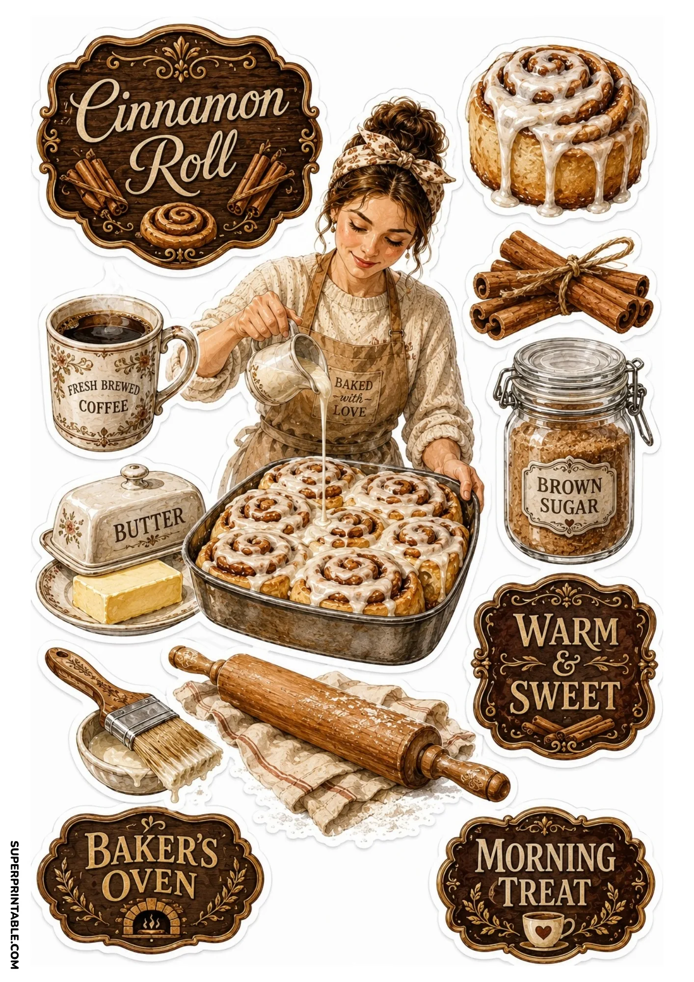 Cinnamon roll sticker sheet displaying a baker glazing warm rolls, a cup of fresh brewed coffee, butter dish, and cinnamon sticks.