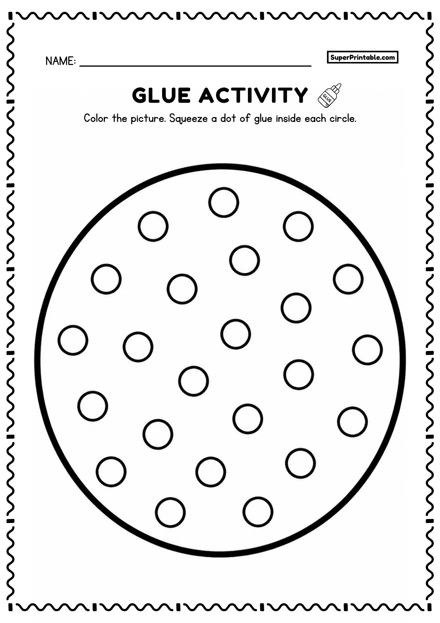 Large circle outline filled with small circles for a kids glue activity