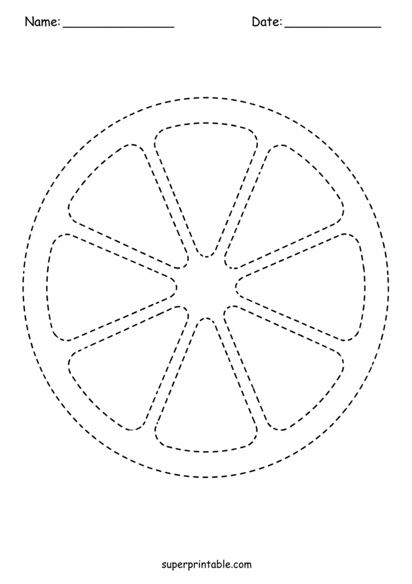 Dashed line outline of a round citrus slice with eight fruit segments.