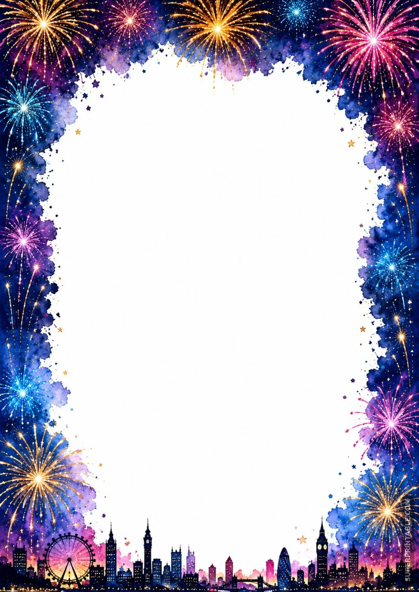 Decorative night skyline border featuring sparkling fireworks bursts above city building silhouettes.