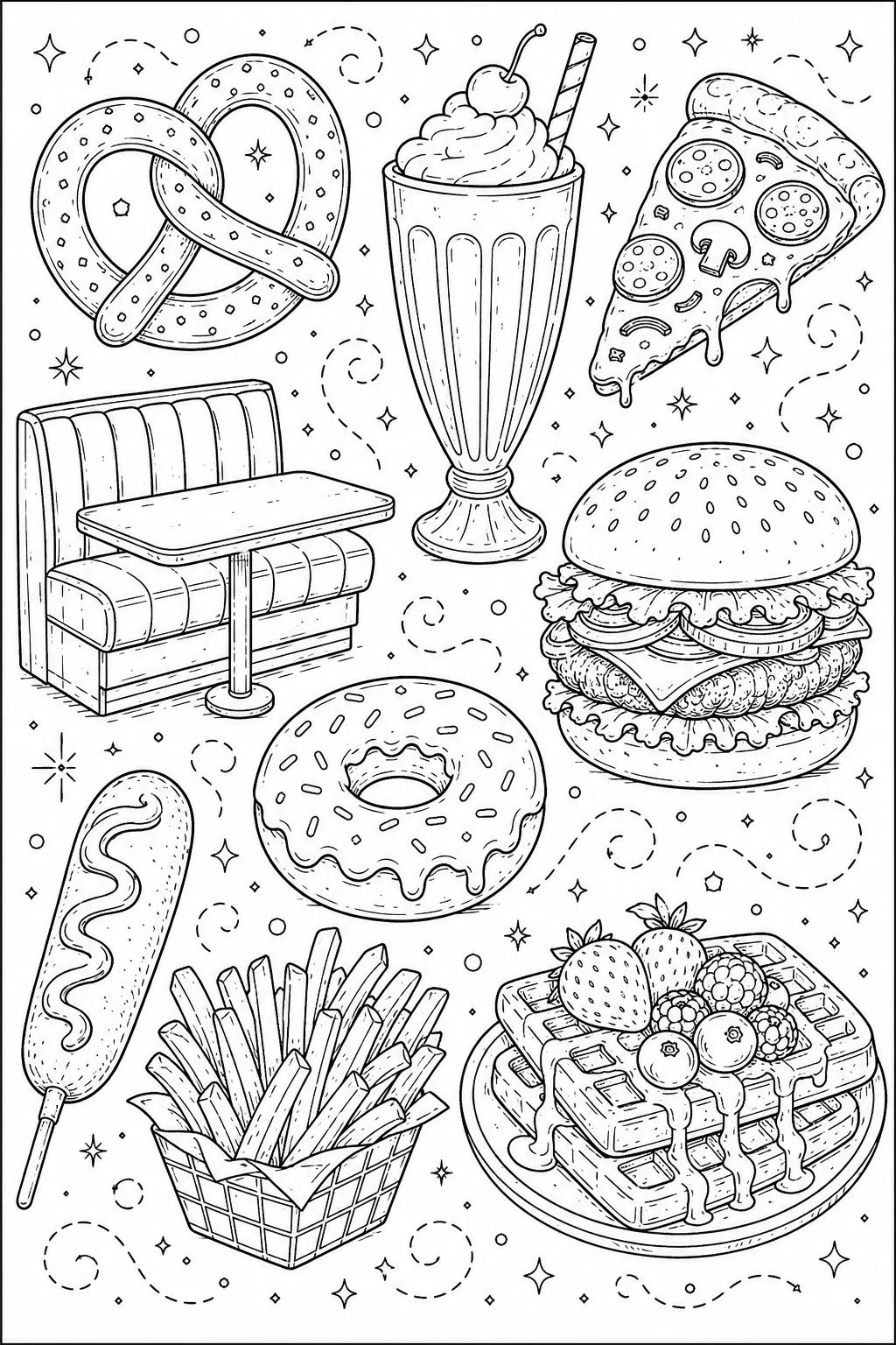 Printable Classic American Food juicy cheeseburger and crispy french fries doodle coloring page sheet