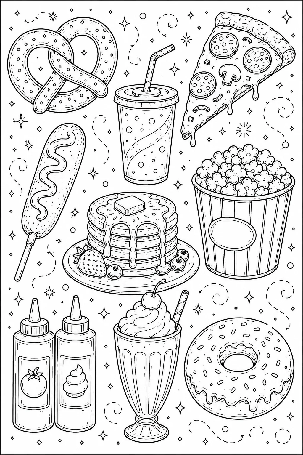 Printable Classic American Food warm soft pretzel and glazed donut doodle coloring page sheet