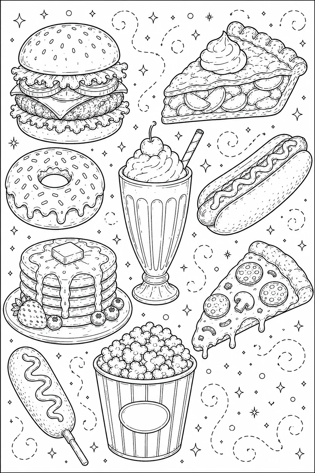 Printable Classic American Food cheesy pepperoni pizza and ice cream milkshake doodle coloring page sheet