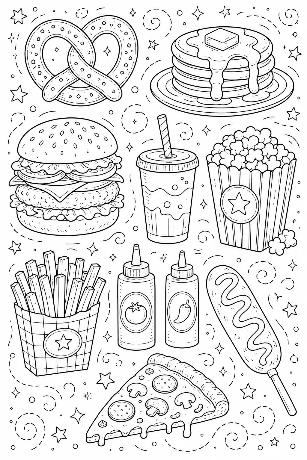 Printable Classic American Food fluffy pancake stack and carnival popcorn doodle coloring page sheet