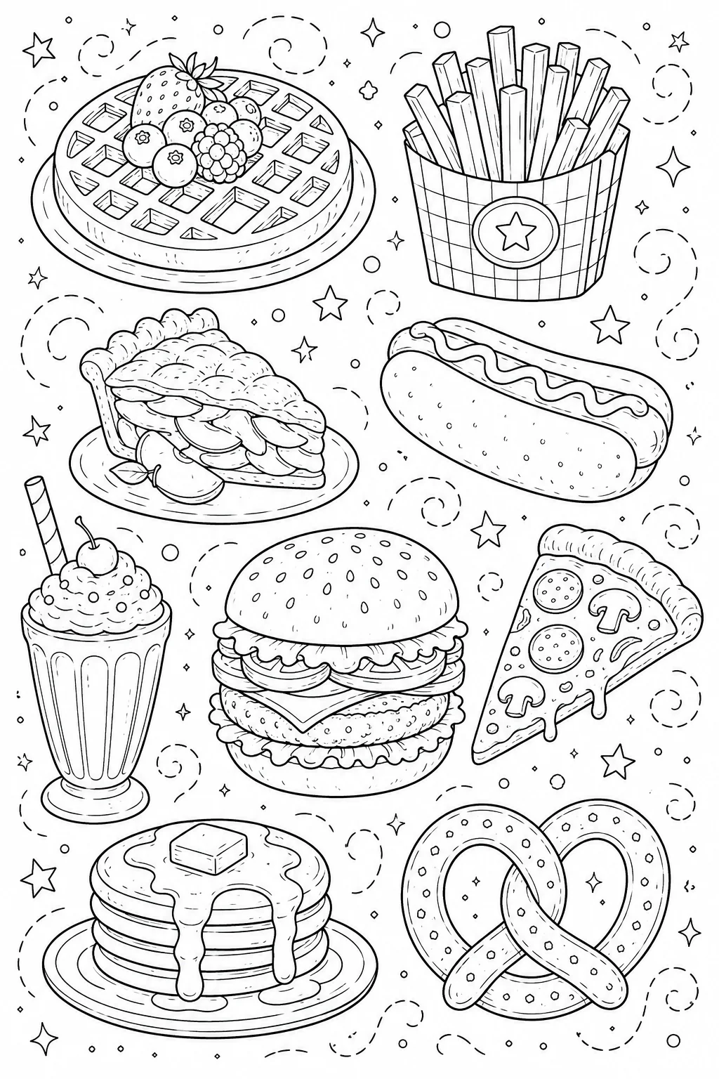 Printable Classic American Food belgian strawberry waffle and grilled hot dog doodle coloring page sheet