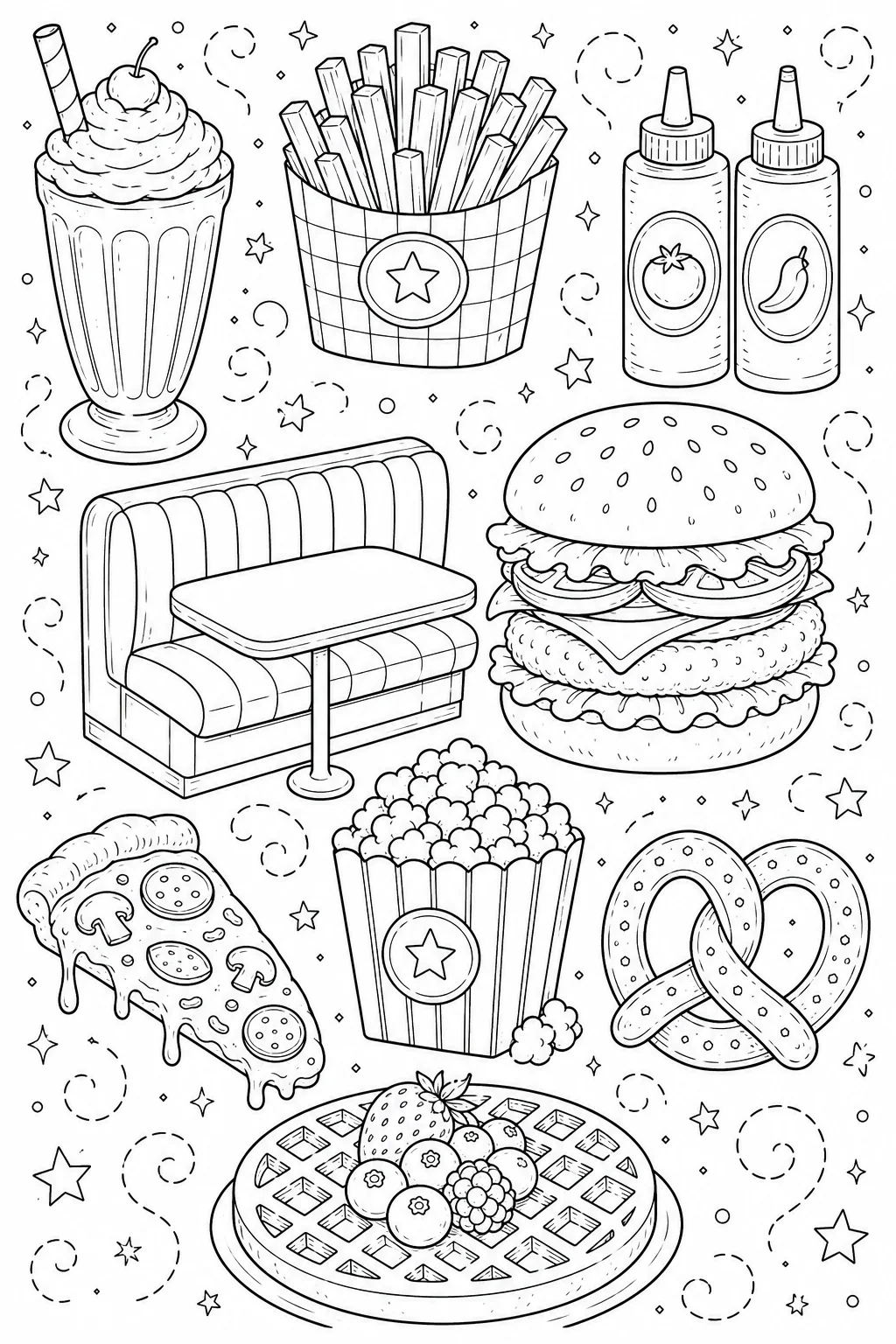 Printable Classic American Food classic diner booth and crispy corn dog doodle coloring page sheet