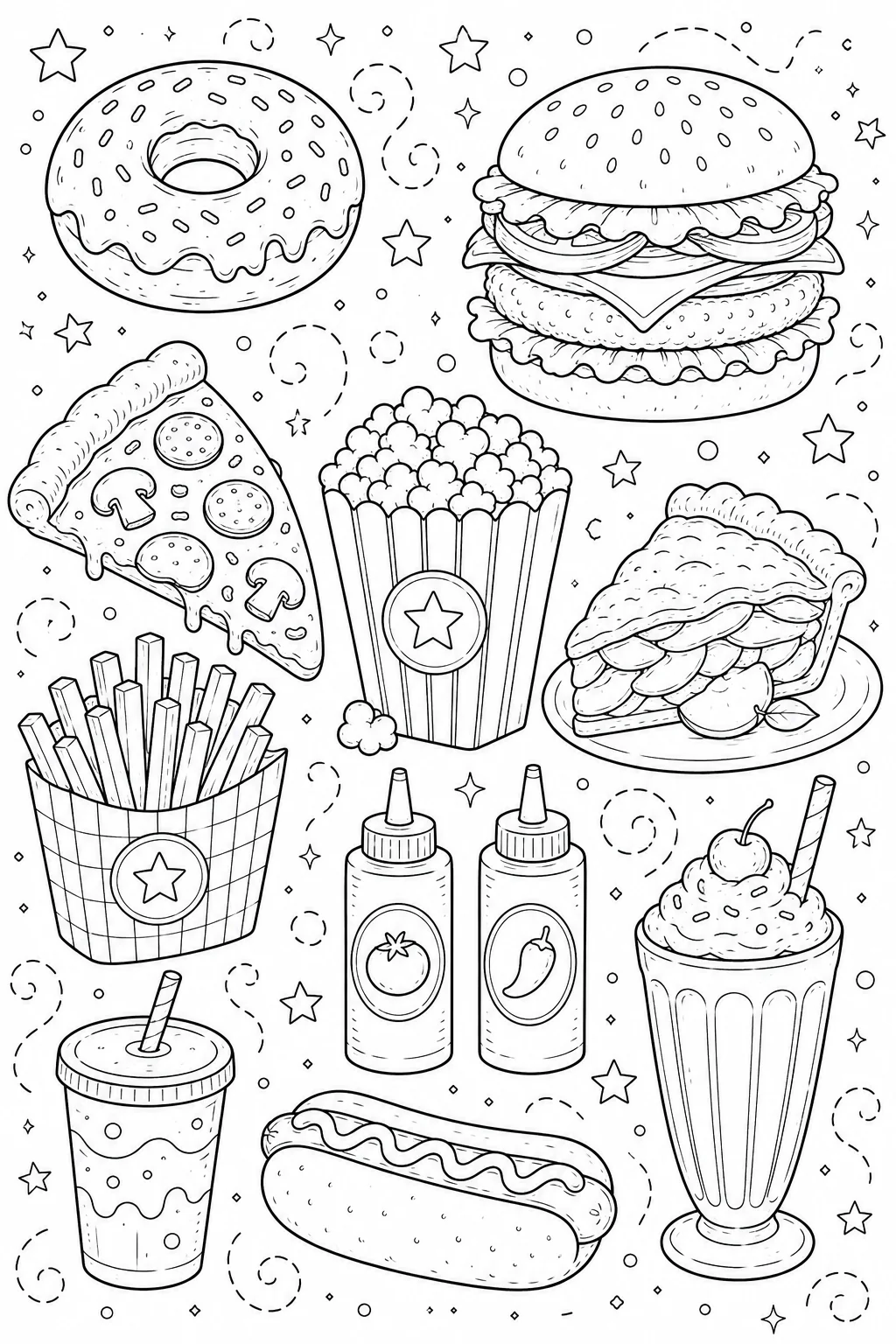 Printable Classic American Food slice of apple pie and frosted donut doodle coloring page sheet