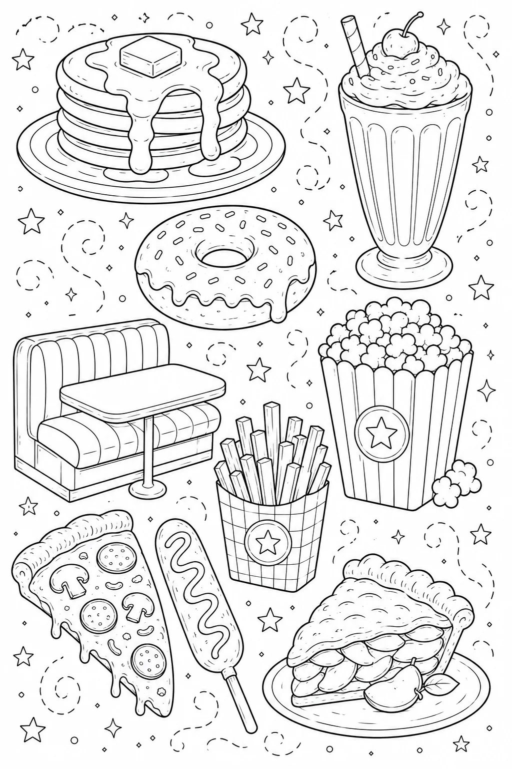 Printable Classic American Food towering pancake stack and creamy milkshake doodle coloring page sheet