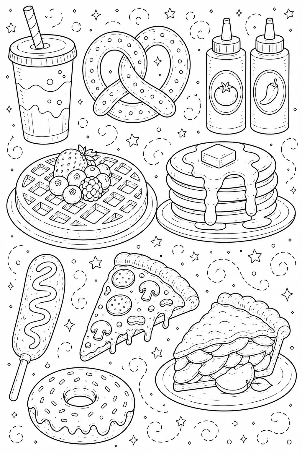 Printable Classic American Food fresh berry waffle and soft pretzel doodle coloring page sheet