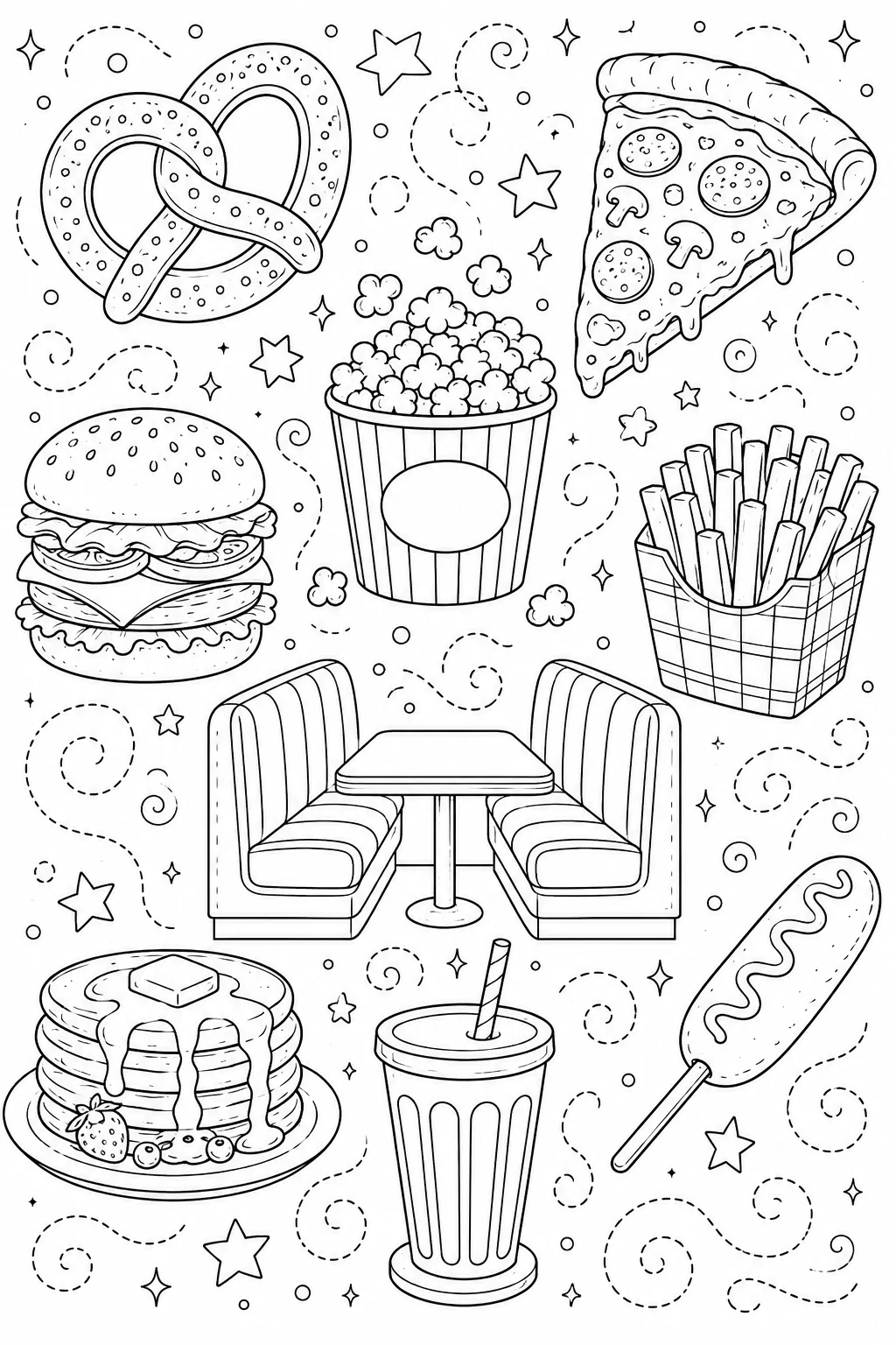 Printable Classic American Food fast food feast and crisp french fries doodle coloring page sheet